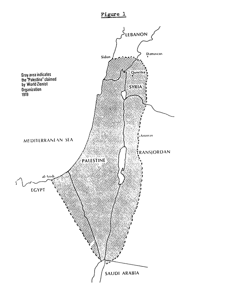 United Nations reproduction of the territory claimed by the World Zionist Organization in 1919, including parts of present-day Lebanon, Syria, Jordan and Egypt